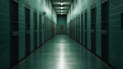 Empty hallway on death row. Long, empty hallway in a dimly lit prison with visible cell doors on each side.