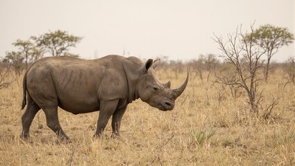 Obraz premium Majestic rhinoceros in African savannah under the blazing sun