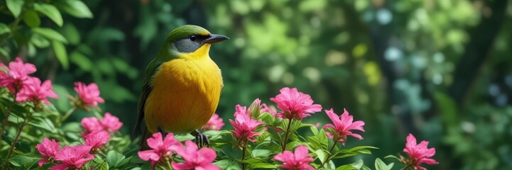 Obraz premium Bird perched on a flower with green foliage in the background , bird, stems, bloom