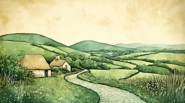 Vintage Irish countryside in postcard watercolor style