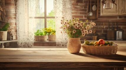 Rustic Kitchen with a Wooden Table and a Vase of Wildflowers - Generative AI