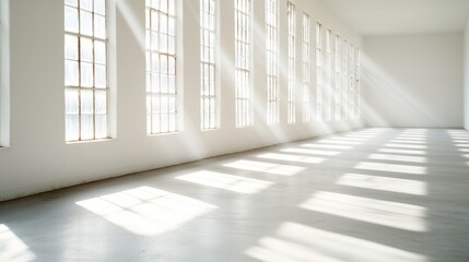 Fototapeta premium Empty hallway on death row. Bright, airy interior space with large windows and soft sunlight casting shadows on the floor.