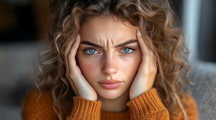 Woman with Curly Hair Feeling Stressed Anxious sad girl blue eyes face