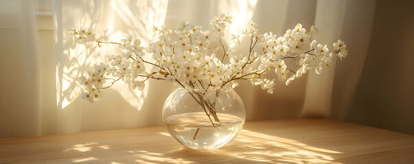 Sunlit white flowers vase, window, wood