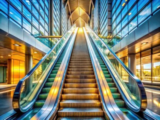 Fototapeta premium Modern architecture's elegant glass and metal escalator, illuminated by natural light.