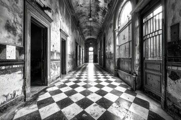 Empty hallway on death row. Old, abandoned corridor with checkered floor and peeling walls in black and white.