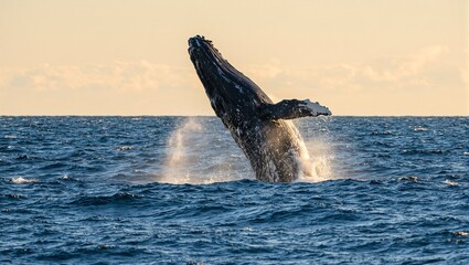 Fototapeta premium Majestic humpback whale breaching at sunset in ocean