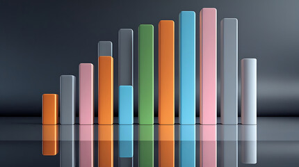 Obraz premium Vivid 3D Bar Chart with Gradient Colors on Reflective Surface, Modern Data Visualization Concept