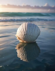 Fototapeta premium Calming ocean scene with white seashell reflected in water, peaceful, calm, tranquility