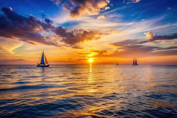 Fototapeta premium Calming sunset over the open ocean with a few sailboats in the distance, natural scenery, sailboats, open water