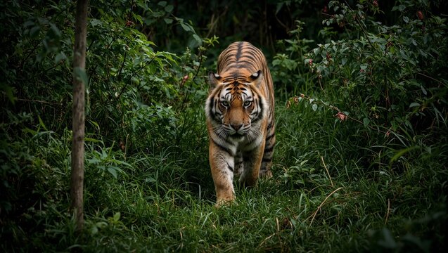 Majestic tiger stalking in lush Indian jungle