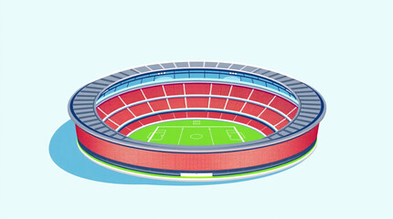 Obraz premium Modern Flat Design Illustration of a Circular Football Stadium with Vivid Colors, Vibrant Green Field, and Clear Blue Sky