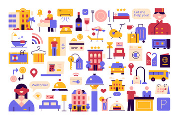 Naklejka premium A set of modern colorful vector elements. Hotel business. Hotel booking online. Staff, spa, restaurant, transfer, room service, luggage, suite rooms, hostel, registration payments keys