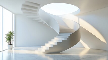 Fototapeta premium Modern white spiral staircase in bright minimalist interior.