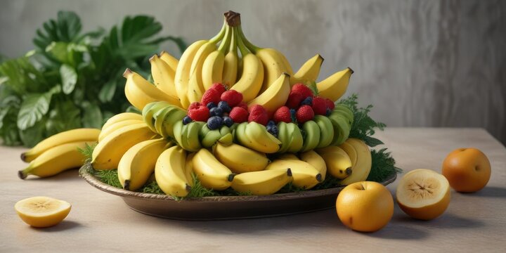 Banana molens arranged on a decorative platter with fresh fruit and greenery, food, dessert