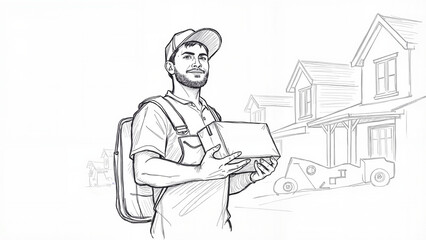 Sketch of delivery worker with package in residential area. labor day, ecology, earth day,