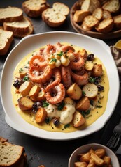 Fototapeta premium Baked octopus on top of a bed of creamy sauce with roasted potatoes and crispy bread croutons , meat, croutons, baked