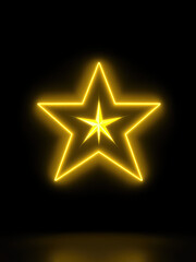 Obraz premium Background of glowing yellow neon star on black, shiny, neon