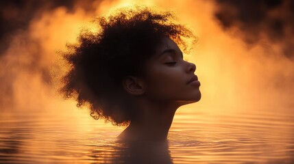 Golden Hour Serenity: A Woman Finds Peace in a Misty Lake at Sunset
