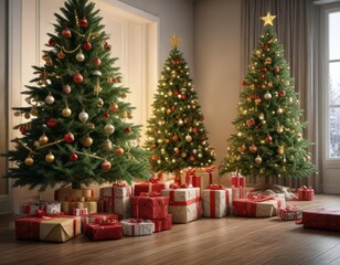 Christmas tree with beautifully wrapped presents underneath , christmas tree, winter wonderland, festive atmosphere