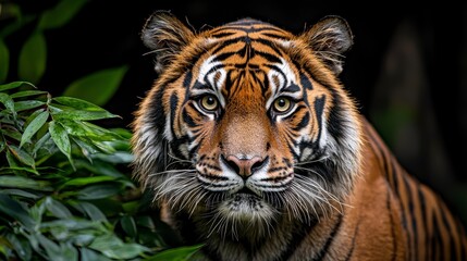 Fototapeta premium Majestic Tiger Gazes Intensely Through Lush Green Foliage