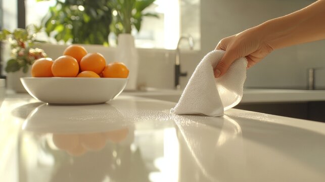 Housekeeper cleaning white kitchen countertop with microfiber cloth