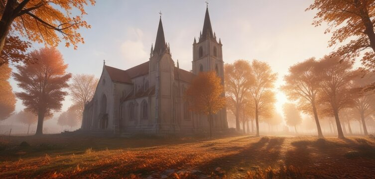 Church of Padola at sunrise with mist and autumn leaves , sun rise, italy landscape