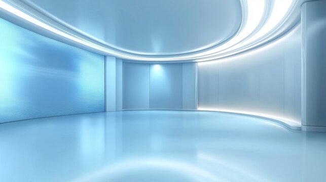 White virtual set background with blue screens, light stripes, blue floor, empty studio