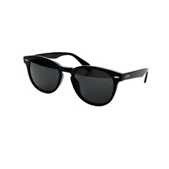 Stylish black Ray-Ban sunglasses isolated on a black background; perfect for fashion, lifestyle, or advertising projects.