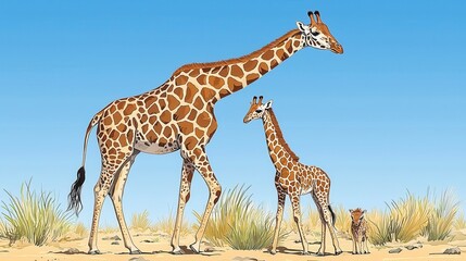Obraz premium Family of Giraffes in a Bright Savanna Landscape Under Clear Sky