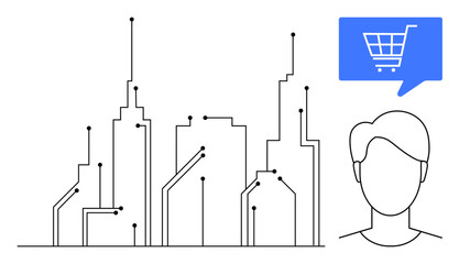 Simple skyscraper skyline with connected lines symbolizing technology, user face icon, blue shopping cart dialog. Ideal for smart city, IoT, e-commerce, digital economy, urban planning, tech