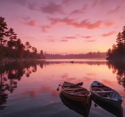 As dusk falls over the lake, the sky transforms into hues of pink and orange, casting a warm glow upon the gently rocking boats, sunset colors, gentle ripples, dusk lighting