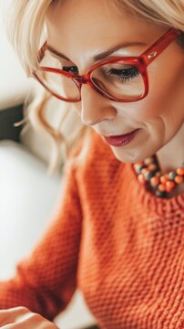 Professional woman in her 30s typing on laptop in bright office, focused and engaged in work