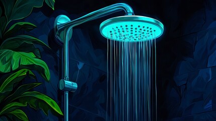 Modern Shower Head with Water Flow and Green Plant Background