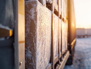 Frozen cargo containers glistening in sunlight, showcasing icy textures