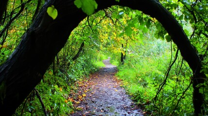 Serene Forest Pathway Framed by Arching Green Leaves and Foliage