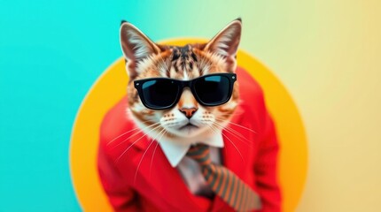 Cool cat in red suit and sunglasses. A stylish feline posing against a vibrant background.