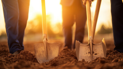Groundbreaking ceremony with shovels in soil at sunset