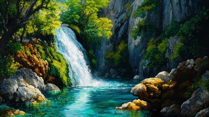 Obraz premium Serene Waterfall Cascading into Crystal Clear Pool Surrounded by Nature