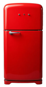 Red refrigerator with silver handle and knobs transparent background