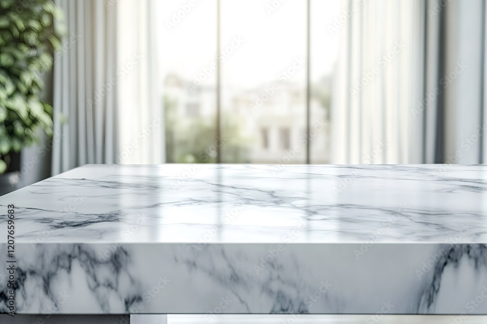 Poster empty marble table top revealing a blurred view of a modern interior through the window, creating an
