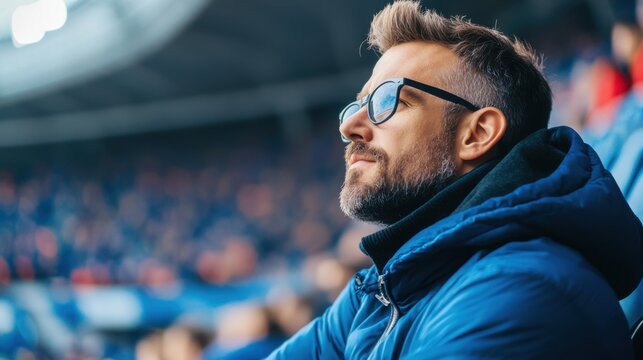 Thoughtful man in glasses enjoys live sporting event while sitting in stadium with blurred crowd in background