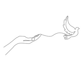 Continuous one line drawing of hand with bird. Bird symbol of peace and freedom. Single line drawing illustration of hand with flying dove. style Concept vector art. Doodle line illustration.