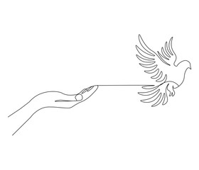 Fototapeta premium Continuous one line drawing of hand with bird. Bird symbol of peace and freedom. Single line drawing illustration of hand with flying dove. style Concept vector art. Doodle line illustration.