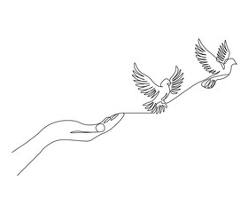 Continuous one line drawing of hand with bird. Bird symbol of peace and freedom. Single line drawing illustration of hand with flying dove. style Concept vector art. Doodle line illustration.