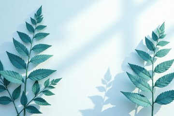 Fototapeta premium Soft blue shadows on a white background with delicate ferns, nature, serenity