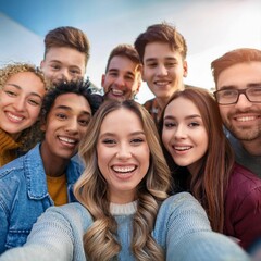 Fototapeta premium Big group of cheerful young friends taking selfie portrait. Happy people looking at the camera smiling. Concept of community, youth lifestyle and friendship