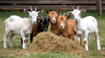 Obraz premium Goats are busy eating hay in their pen, showcasing animal agriculture on a small family farm in the countryside of Tehran, Iran.