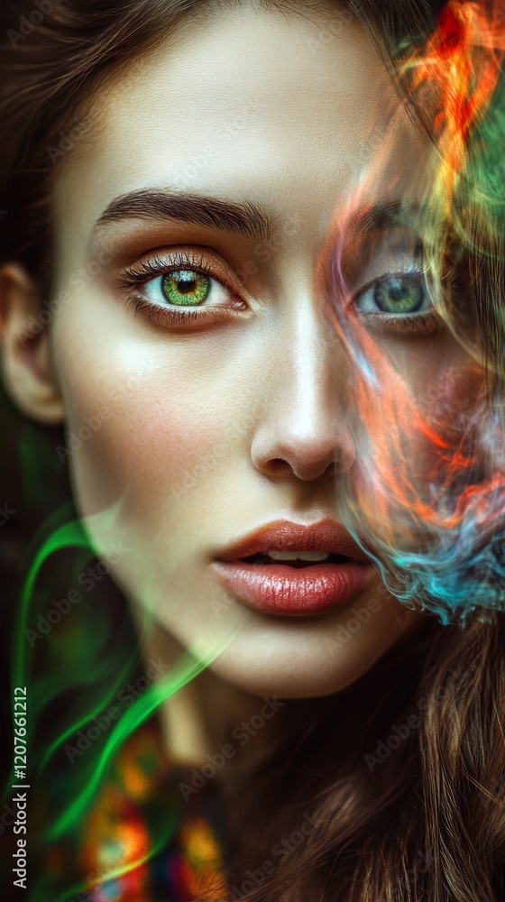 Poster colorful smoke encircles a woman's face, creating an ethereal and captivating visual effect in a dar