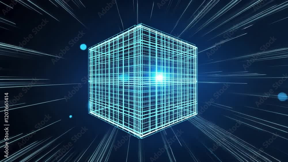 Poster futuristic 3d abstract glowing blue wireframe cube surrounded by dynamic light rays and geometric sh